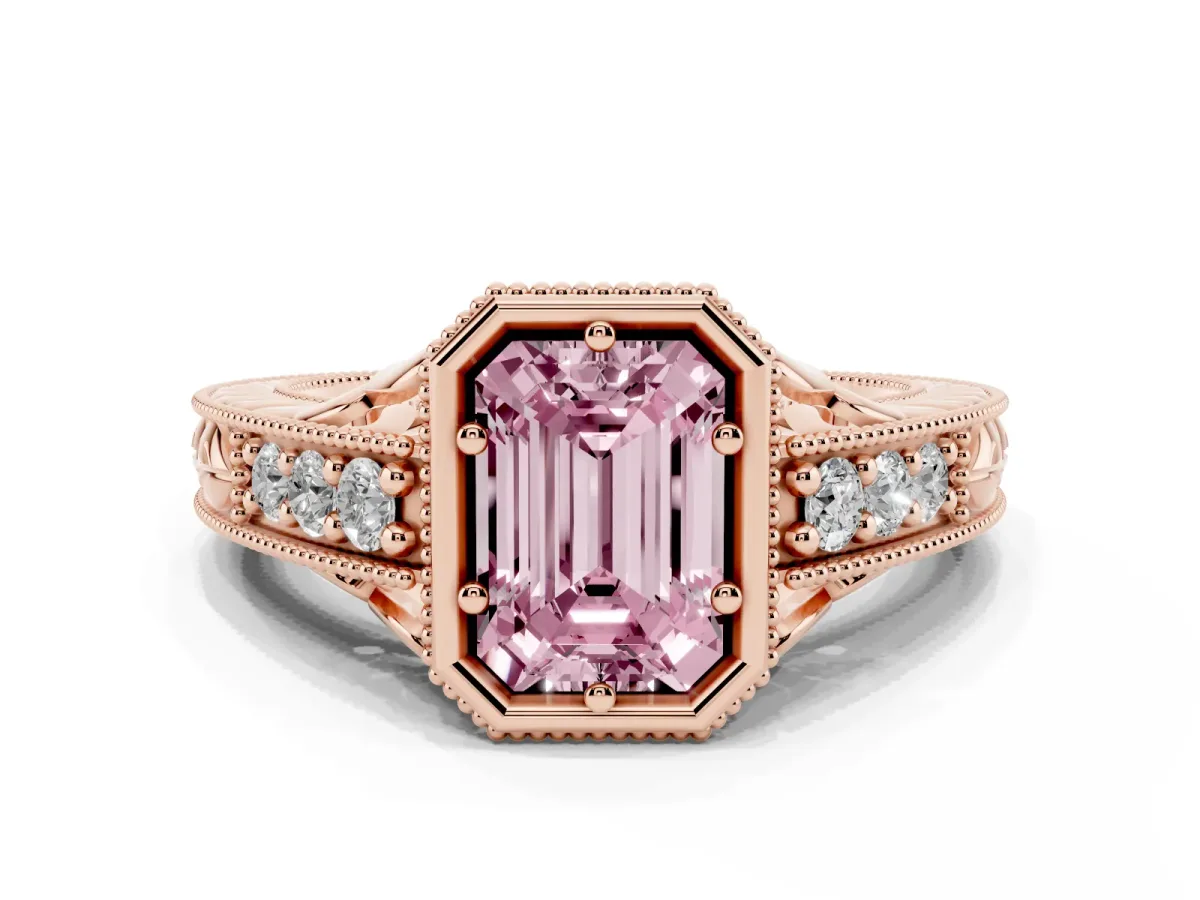 Fancy Pink Bezel Set Emerald Cut Diamond Milgrain Pave Engagement Ring Rose gold