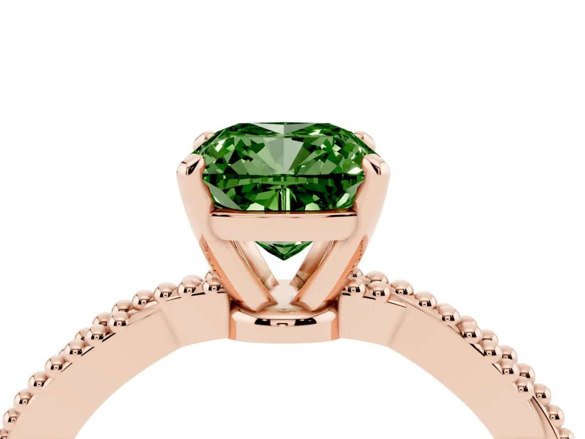 Fancy Green Cushion Cut Solitaire Twisted Band with Bead Prong Setting Rose gold