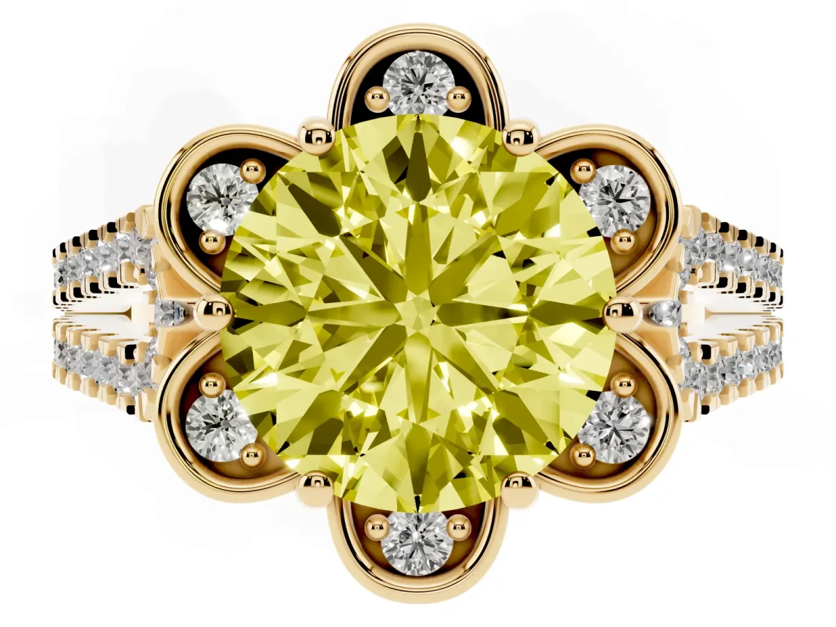 Fancy Yellow Round Cut Halo Diamond Floral Split Shank Engagement Ring Yellow gold