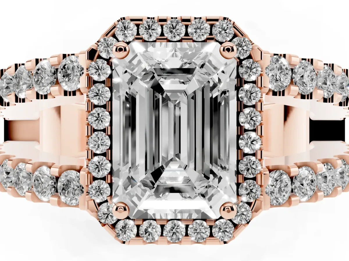 Emerald Cut Cut Halo Split Shank Diamond Ring with Four-Prong Setting Rose gold