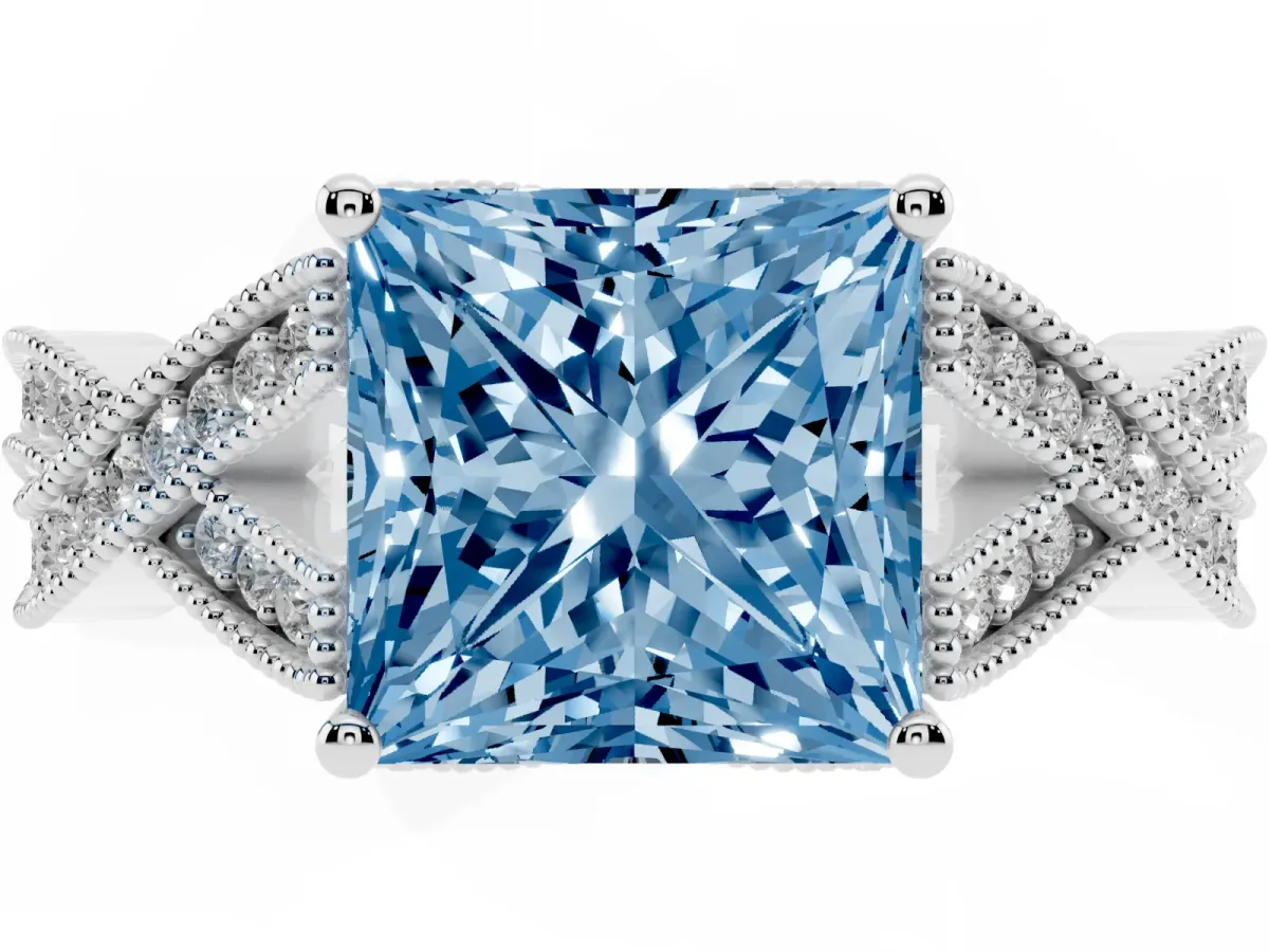 Fancy Blue Princess Cut Cut Diamond Twisted Band with Milgrain Pave Setting and Four-Prong Setting Platinum
