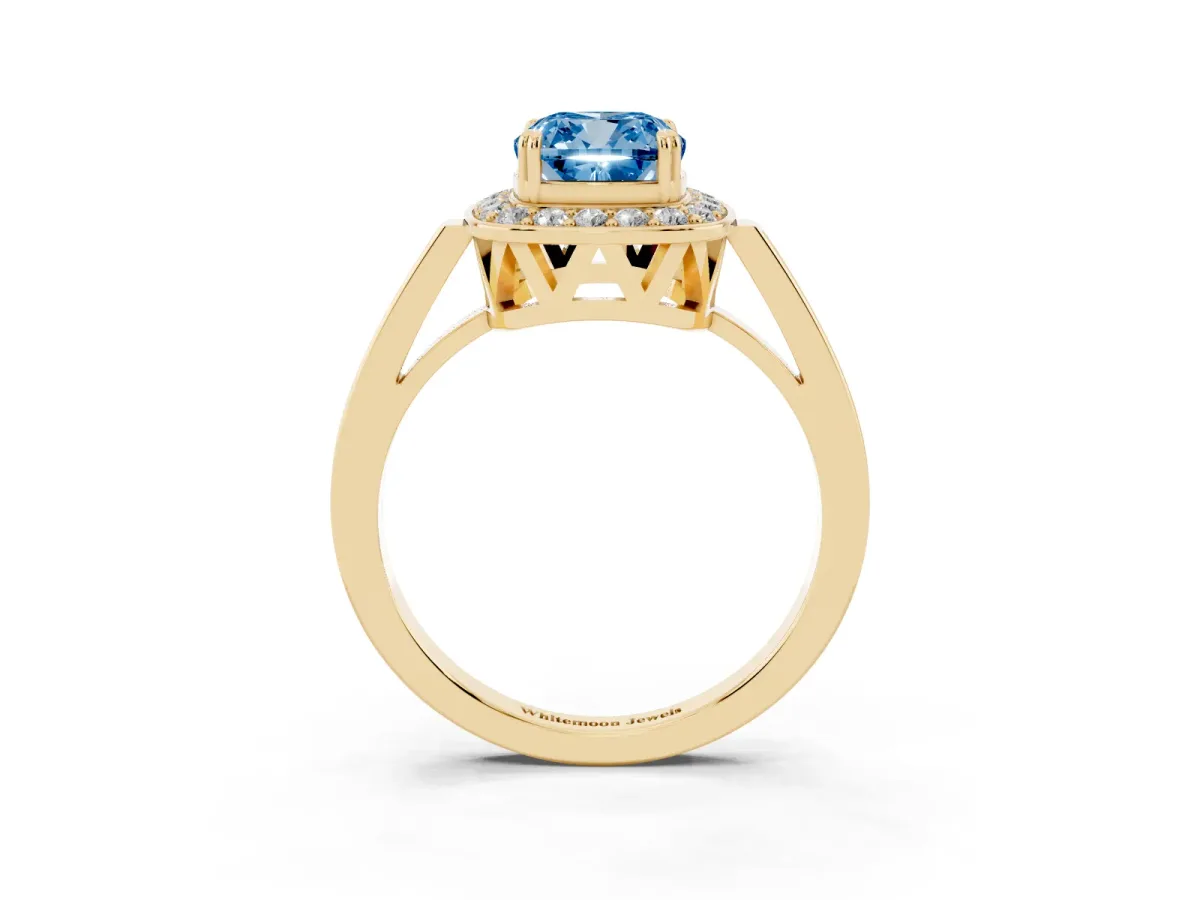 Fancy Blue Cushion Cut Diamond Halo Ring with Split Shank and Four-Prong Setting Yellow gold