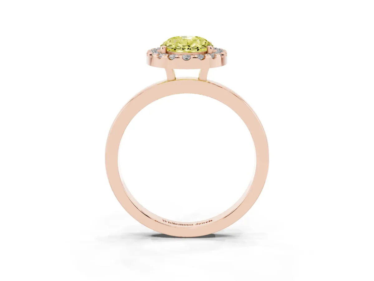 Fancy Yellow Oval Cut Halo Diamond Solitaire with Pavé Band and Four-Prong Setting Rose gold