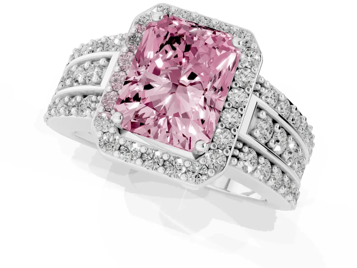 Fancy Pink Radiant Cut Halo Diamond Ring with Round Split Shank and Prong Setting Platinum