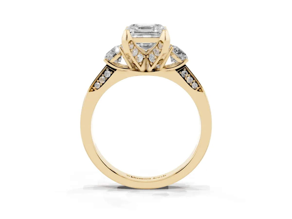 Asscher Cut Brilliant Three-Stone Diamond Ring with Pavé Band and Four-Prong Setting Yellow gold
