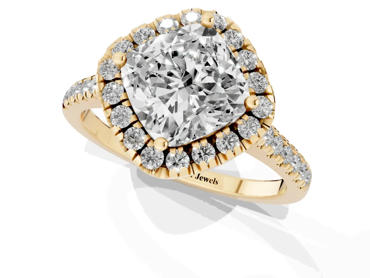 Cushion Cut Diamond Cushion Halo Ring with Pavé Band Yellow gold