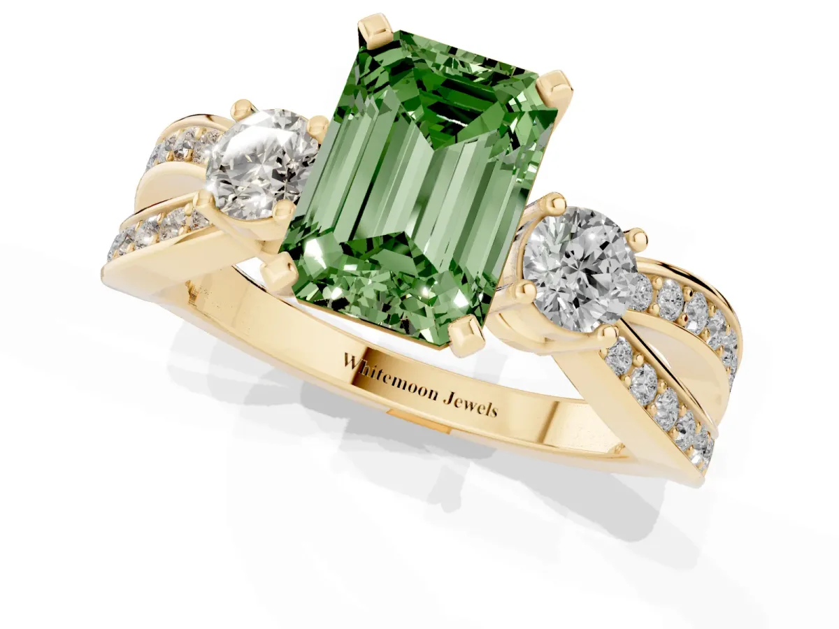 Fancy Green Three-Stone Emerald Cut Cut Diamond Twist Band with Prong Setting Yellow gold