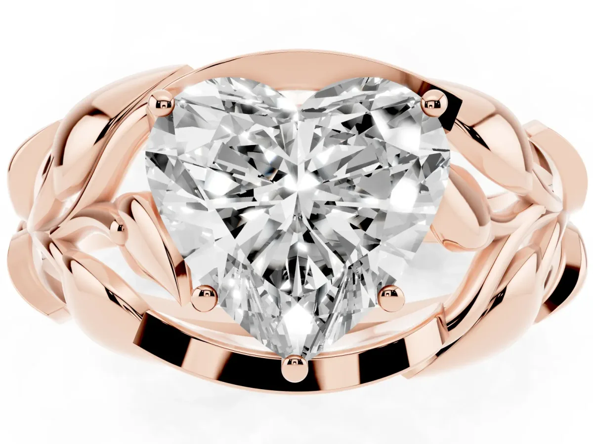 Heart Cut Diamond Leaf-Inspired Engagement Ring with Round Accents and Prong Setting Rose gold