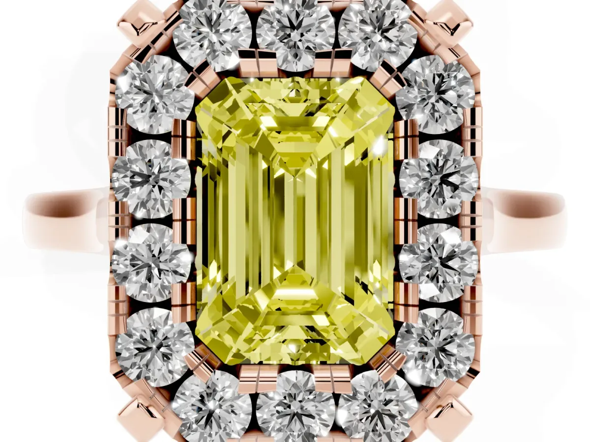 Fancy Yellow Emerald Cut Diamond Cluster Halo Solitaire with Four-Prong Setting Rose gold