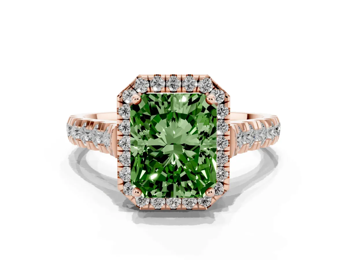 Fancy Green Radiant Cut Halo Pavé Diamond Engagement Ring with Four-Prong Setting Rose gold