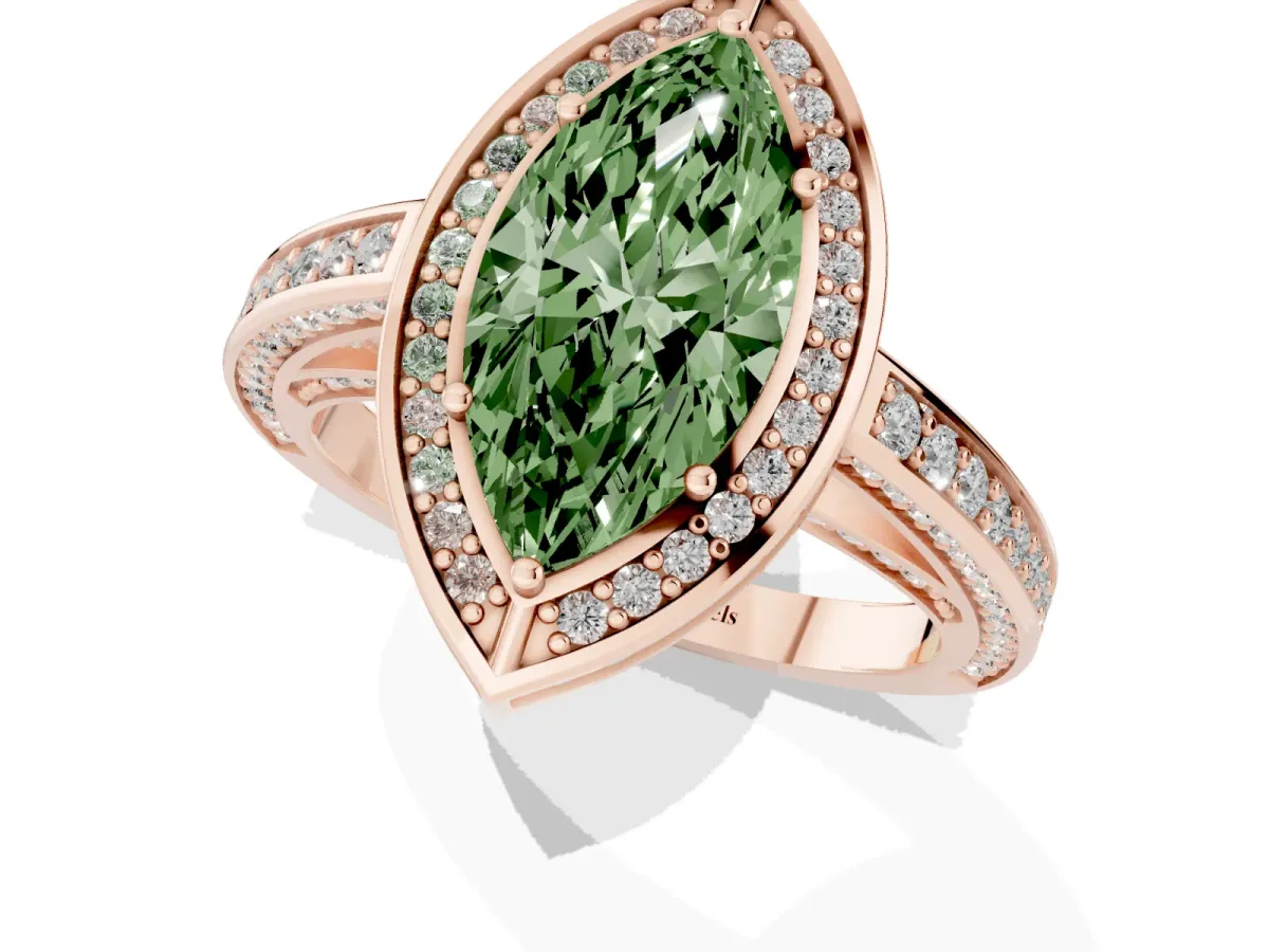 Fancy Green Marquise Cut Cut Halo Pave Split Shank Prong Setting Ring Rose gold
