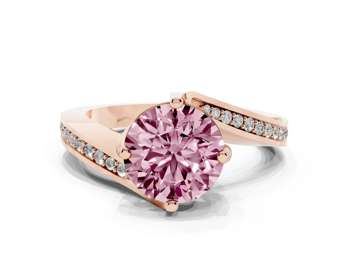 Fancy Pink Round Cut Solitaire Diamond Twist Band with Pavé Setting and Four-Prong Setting Rose gold