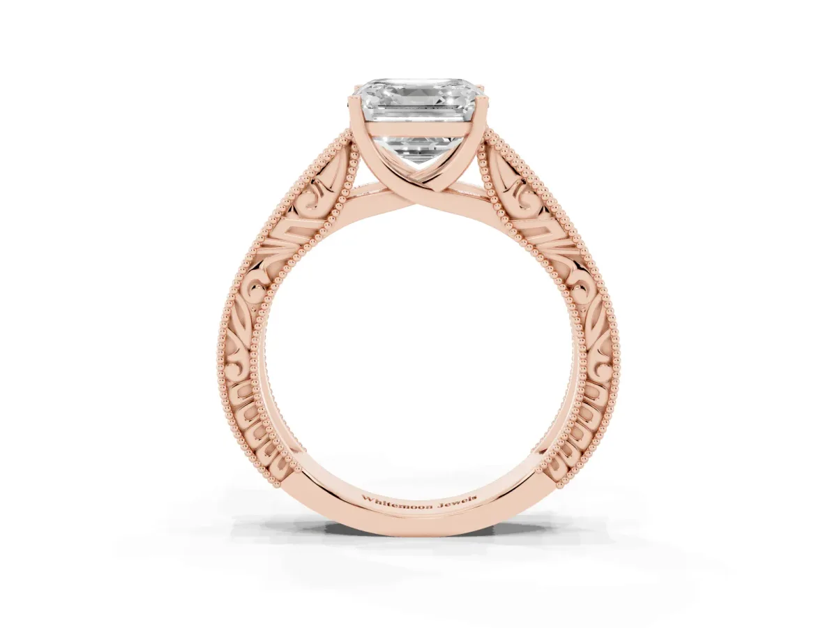 Asscher Cut Diamond Solitaire Ring with Engraved Band and Four-Prong Setting Rose gold