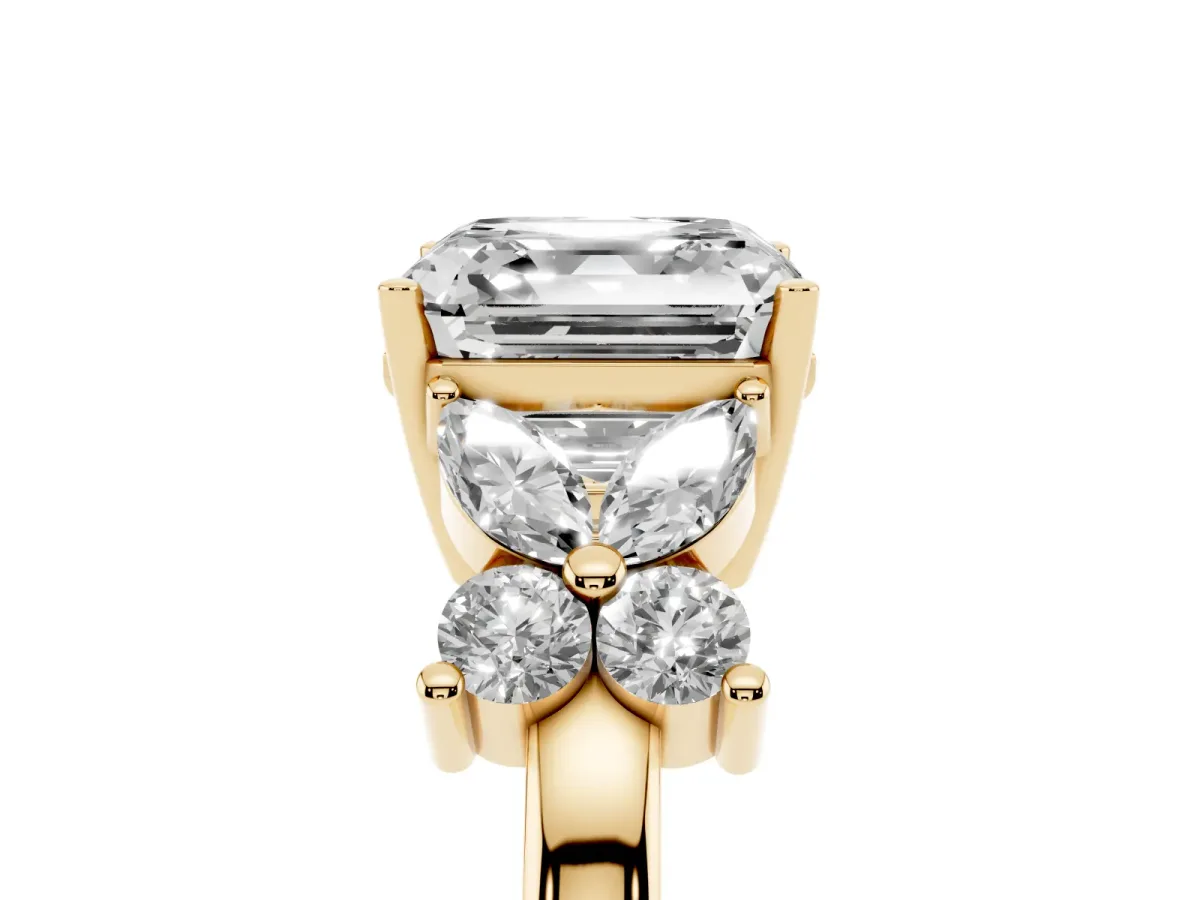 Asscher Cut Diamond Floral Cluster Ring with Solitaire Band and Prong Setting Yellow gold