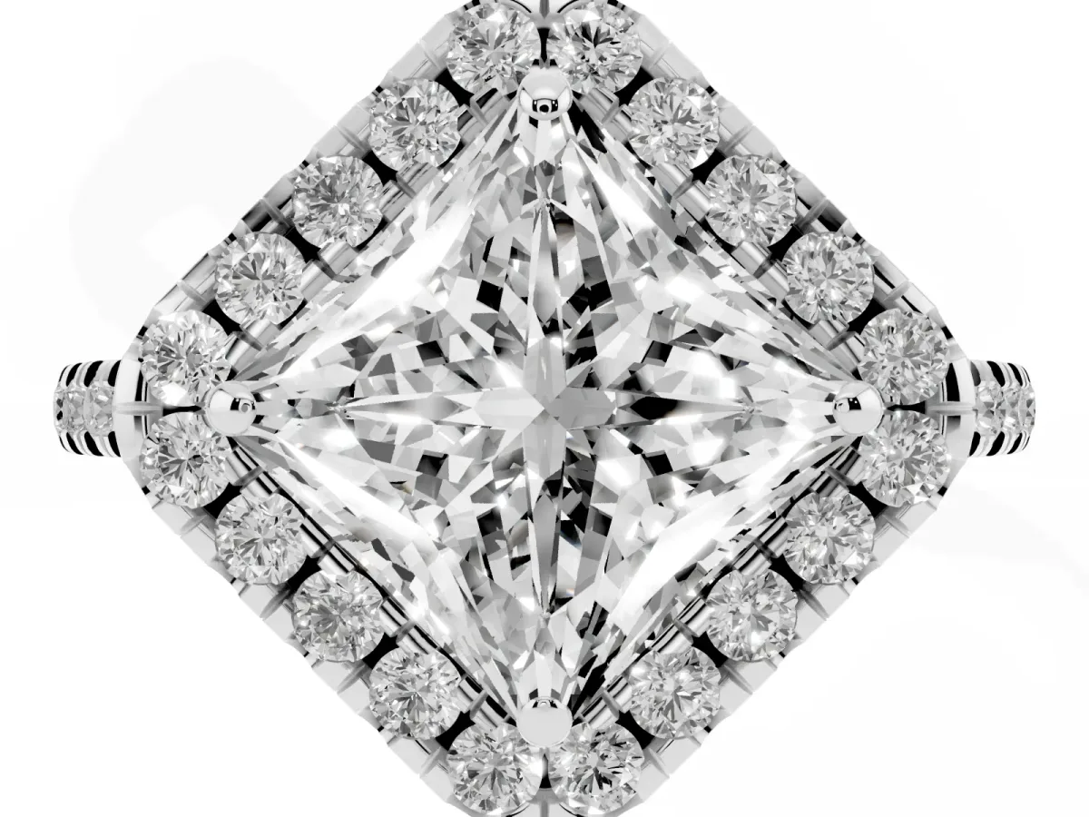 Princess Cut Diamond Cushion Halo Ring with Pavé Band Silver