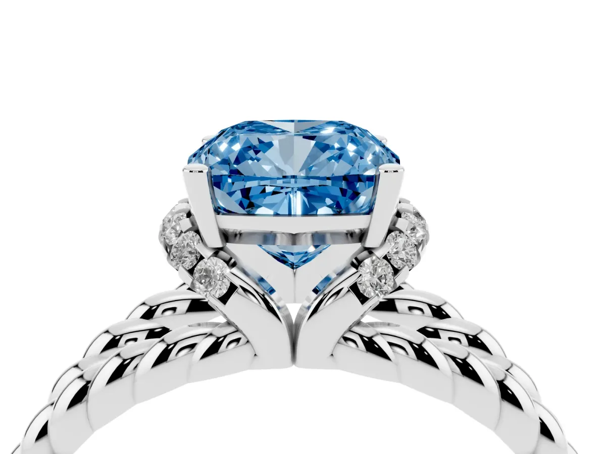 Fancy Blue Cushion Cut Halo Twisted Band Four-Prong Ring Silver