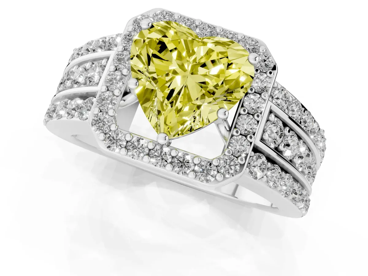 Fancy Yellow Heart Cut Halo Diamond Ring with Round Split Shank and Prong Setting Silver