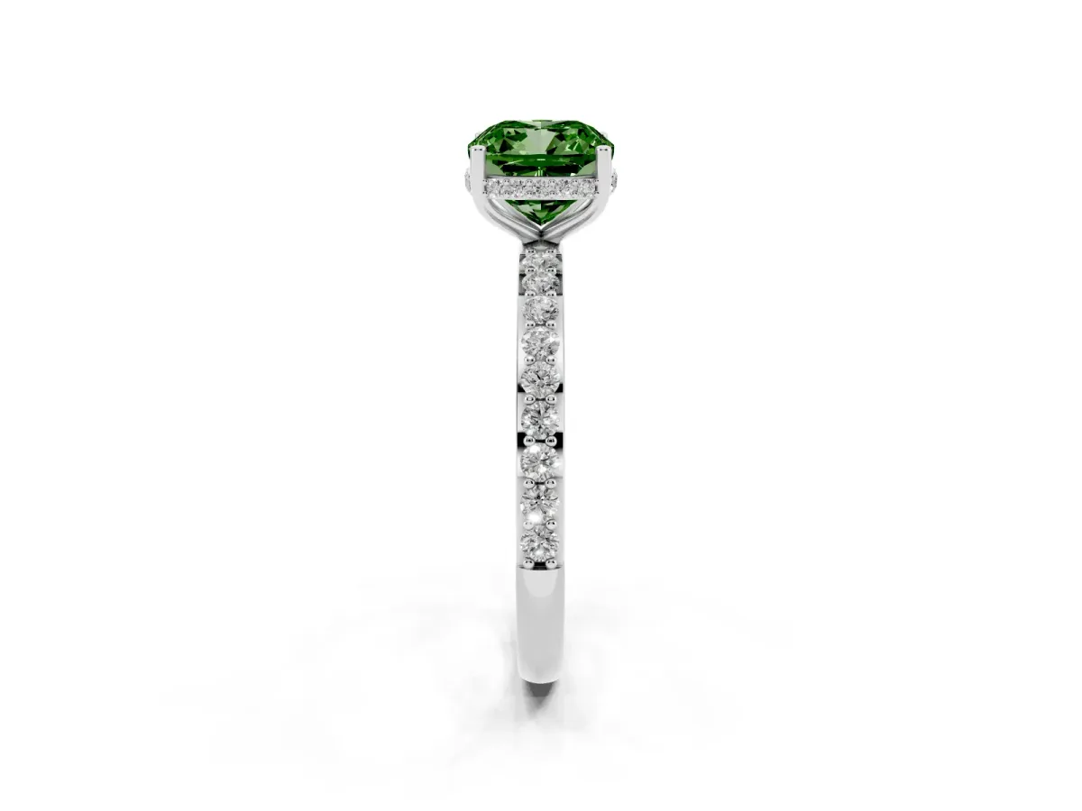 Fancy Green Cushion Cut Diamond Solitaire Ring with Pavé Band and Hidden Halo Platinum
