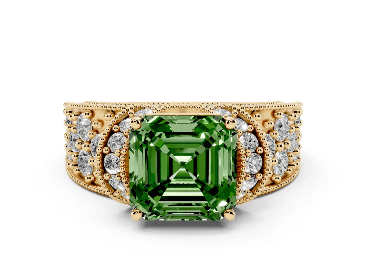 Fancy Green Asscher Cut Halo Pave Diamond Engagement Ring with Milgrain Detailing Yellow gold