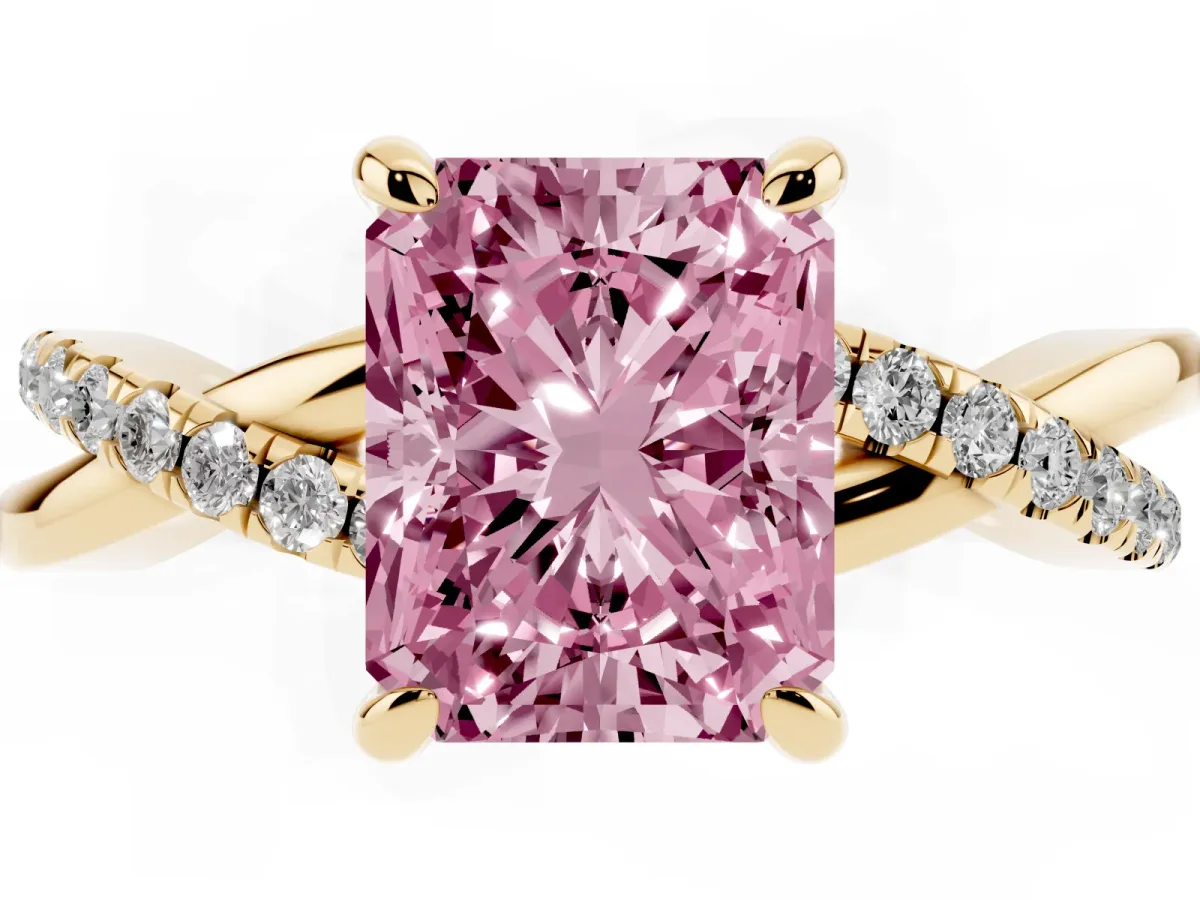 Fancy Pink Radiant Cut Cut Diamond Twist Band Solitaire with Prong Setting Yellow gold
