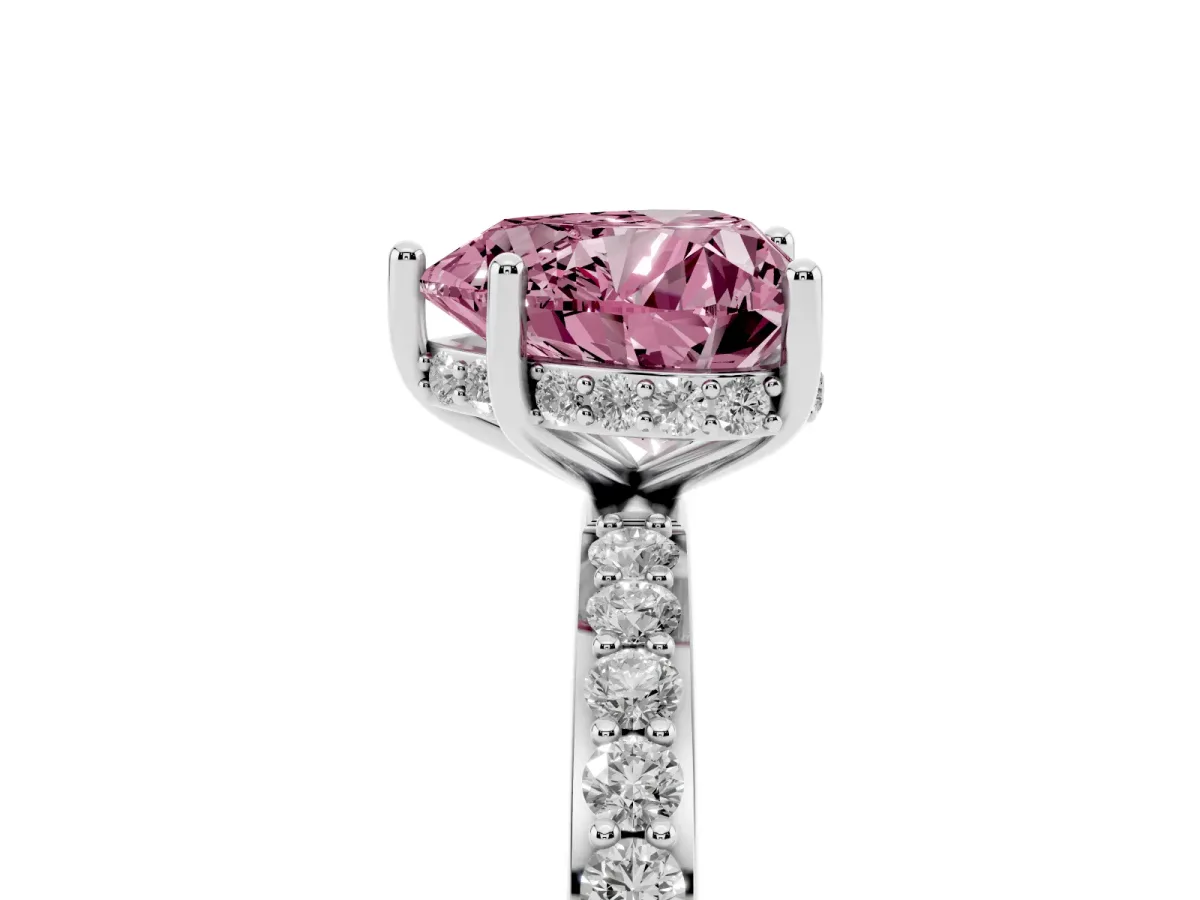 Fancy Pink Heart Cut Diamond Solitaire Ring with Pavé Band and Hidden Halo Platinum