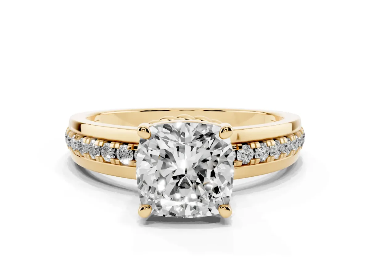 Cushion Cut Solitaire Diamond Ring with Channel Set Band and Six-Prong Setting Yellow gold