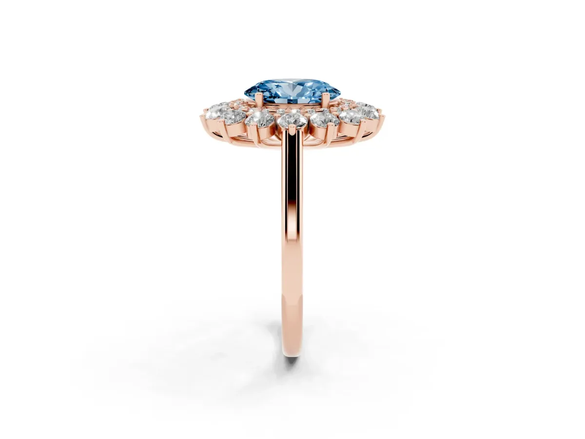 Fancy Blue Oval Cut Diamond Floral Double Halo Engagement Ring with Prong Setting Rose gold