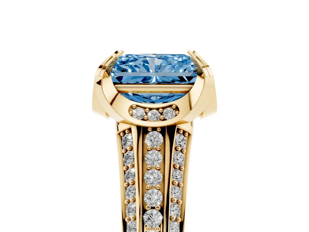 Fancy Blue Radiant Cut Solitaire Pave Split Shank Ring with Four-Prong Setting Yellow gold