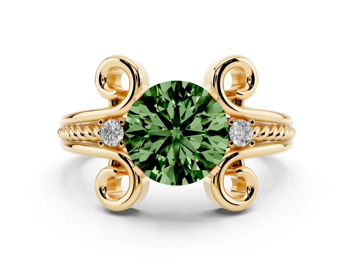Fancy Green Round Cut Solitaire Twisted Band Scroll Prong Ring Yellow gold