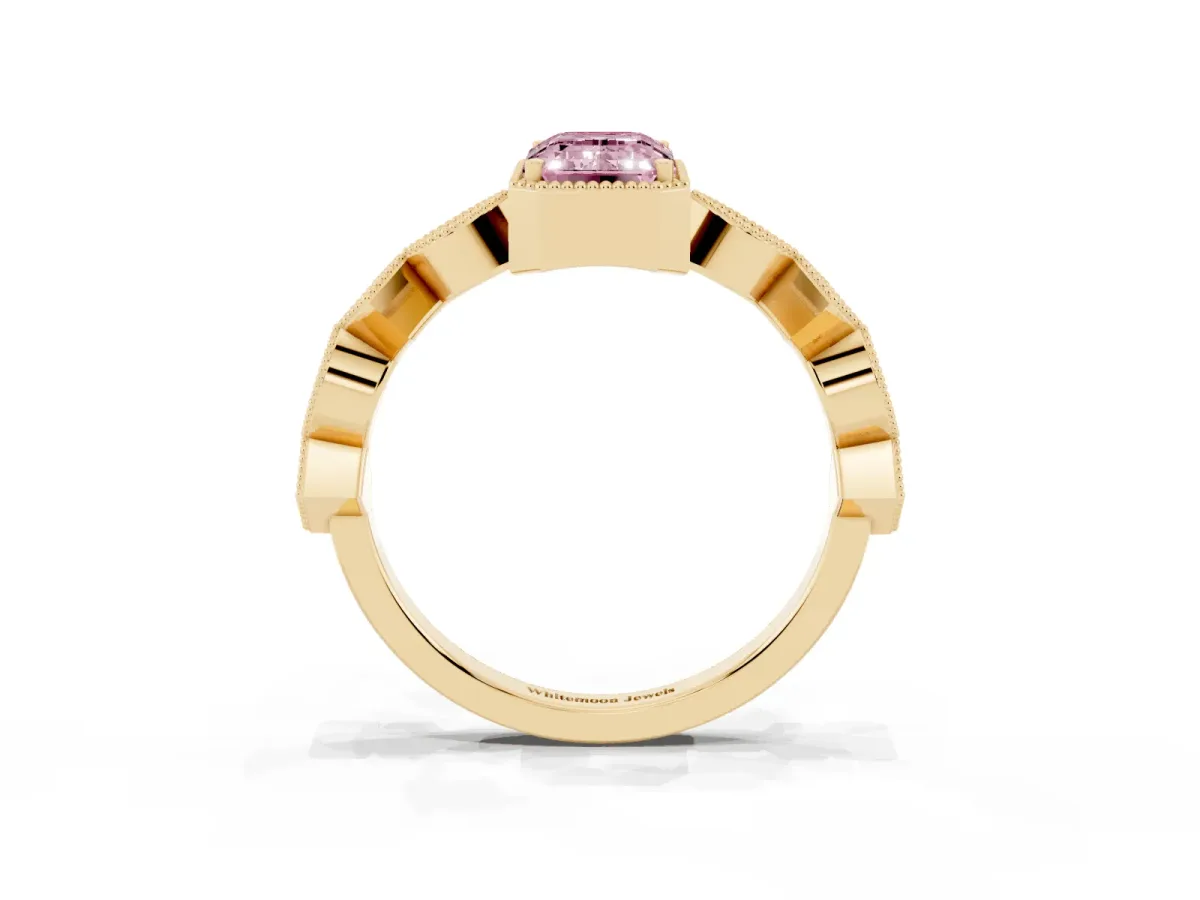 Fancy Pink Emerald Cut Milgrain Marquise Diamond Twist Band Ring Yellow gold