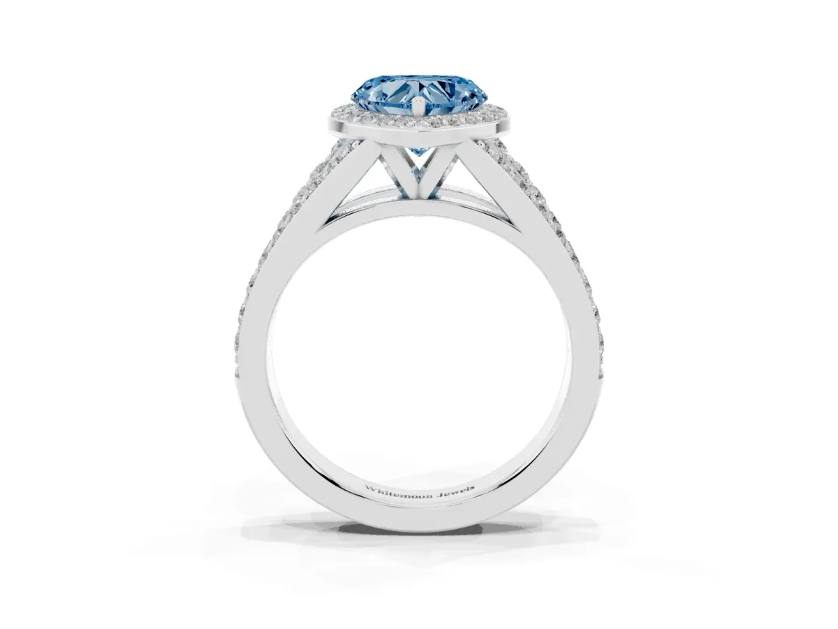 Fancy Blue Heart Cut Diamond Split Shank Halo Ring with Four-Prong Setting White gold