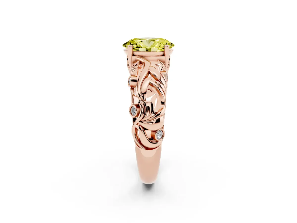 Fancy Yellow Oval Cut Solitaire Diamond Leaf-Inspired Vine Band Ring with Prong Setting Rose gold