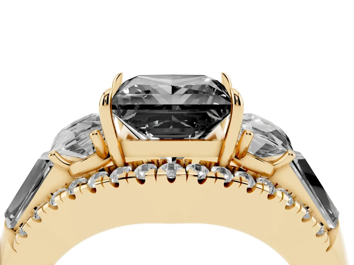 Fancy Black Three-Stone Princess Cut Diamond Engagement Ring with Pave Band and Prong Setting Yellow gold