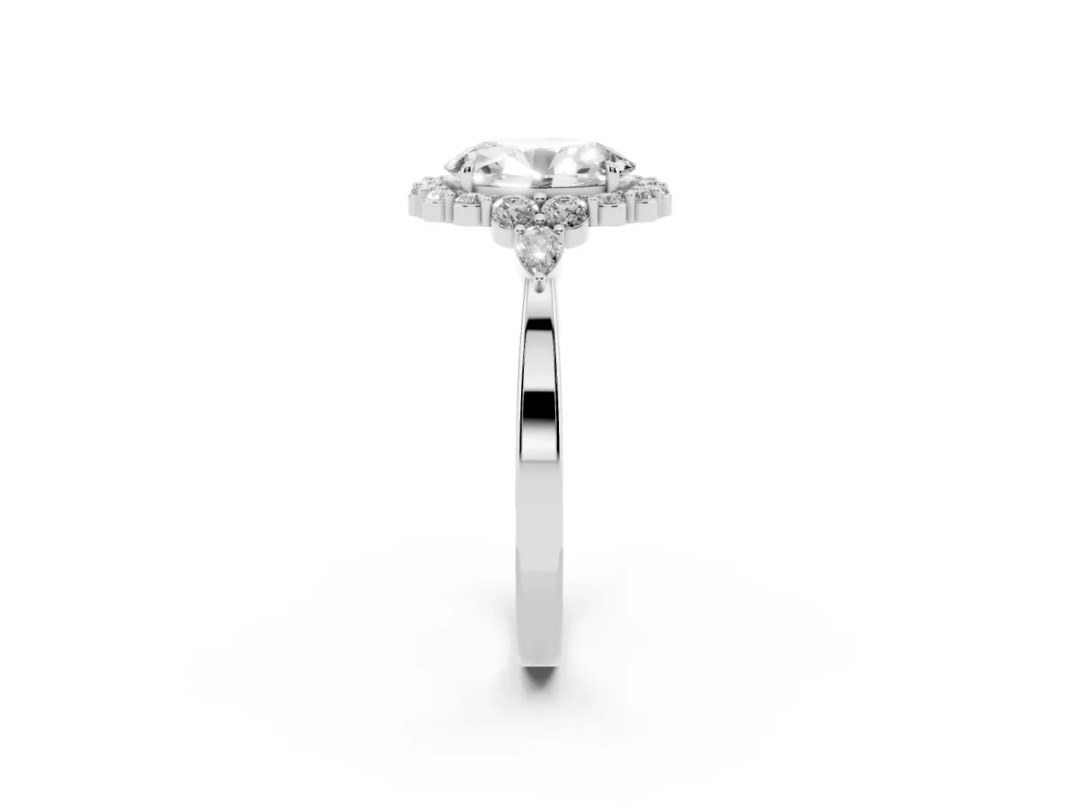 Oval Cut Diamond Halo Ring with Pear Side Stones and Prong Setting Silver