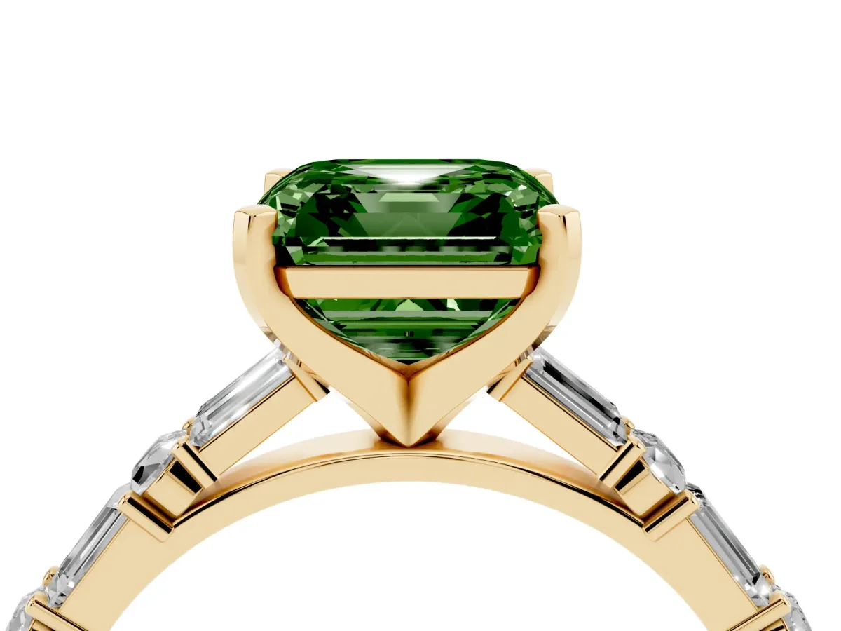 Fancy Green Asscher Cut Diamond Solitaire with Side Baguettes and Channel Set Band Yellow gold