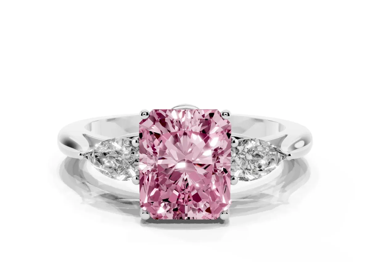 Fancy Pink Three-Stone Radiant Cut Brilliant Diamond Solitaire Ring with Tapered Band and Four-Prong Setting Silver