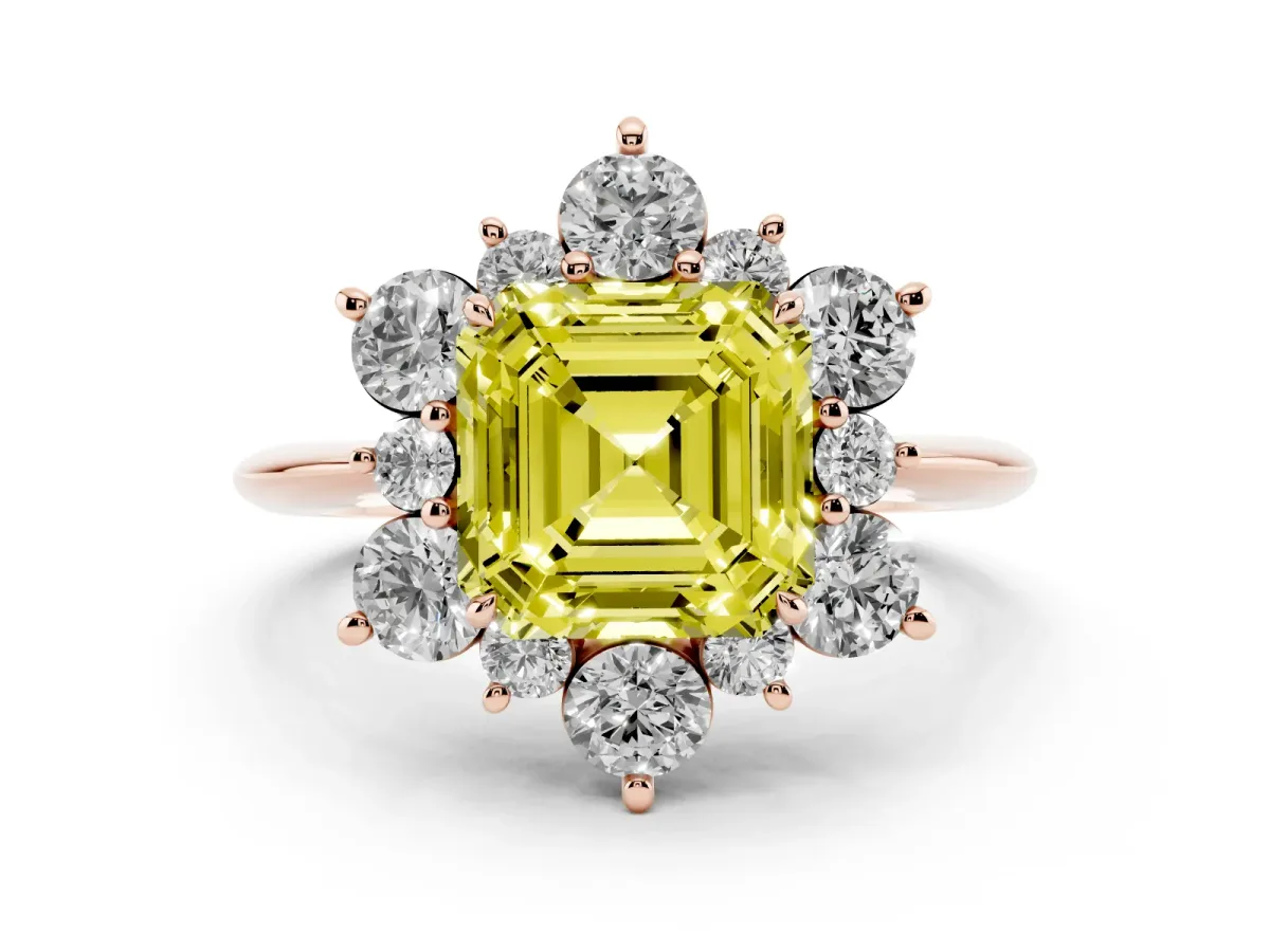 Fancy Yellow Asscher Cut Diamond Cluster Halo Ring with Solitaire Band and Four-Prong Setting Rose gold