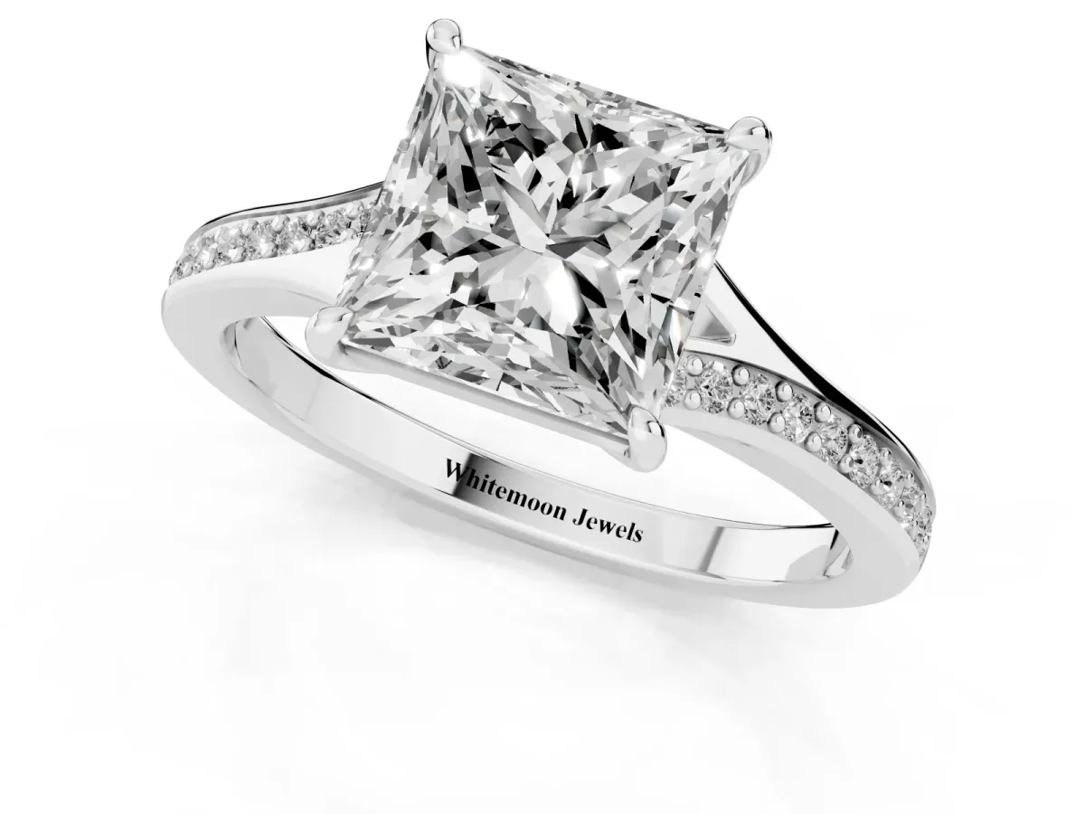Princess Cut Diamond Solitaire Ring with Pavé Band and Prong Setting Silver