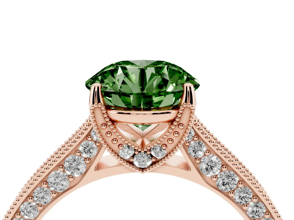 Fancy Green Round Cut Cut Diamond Solitaire Ring with Milgrain Pave Band and Four Prong Setting Rose gold
