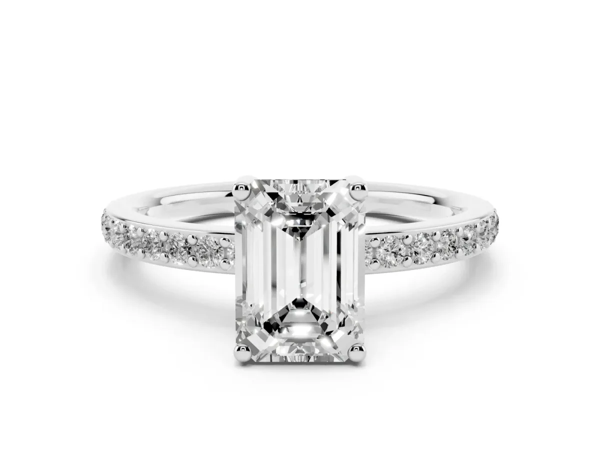 Emerald Cut Cut Diamond Pavé Band Ring with Four-Prong Setting Silver