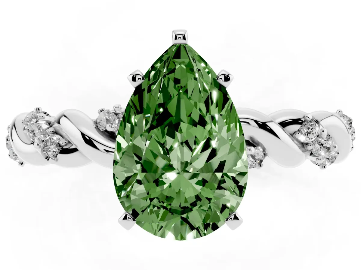 Fancy Green Pear Cut Diamond Solitaire Ring with Twisted Band and Pavé Accents Silver