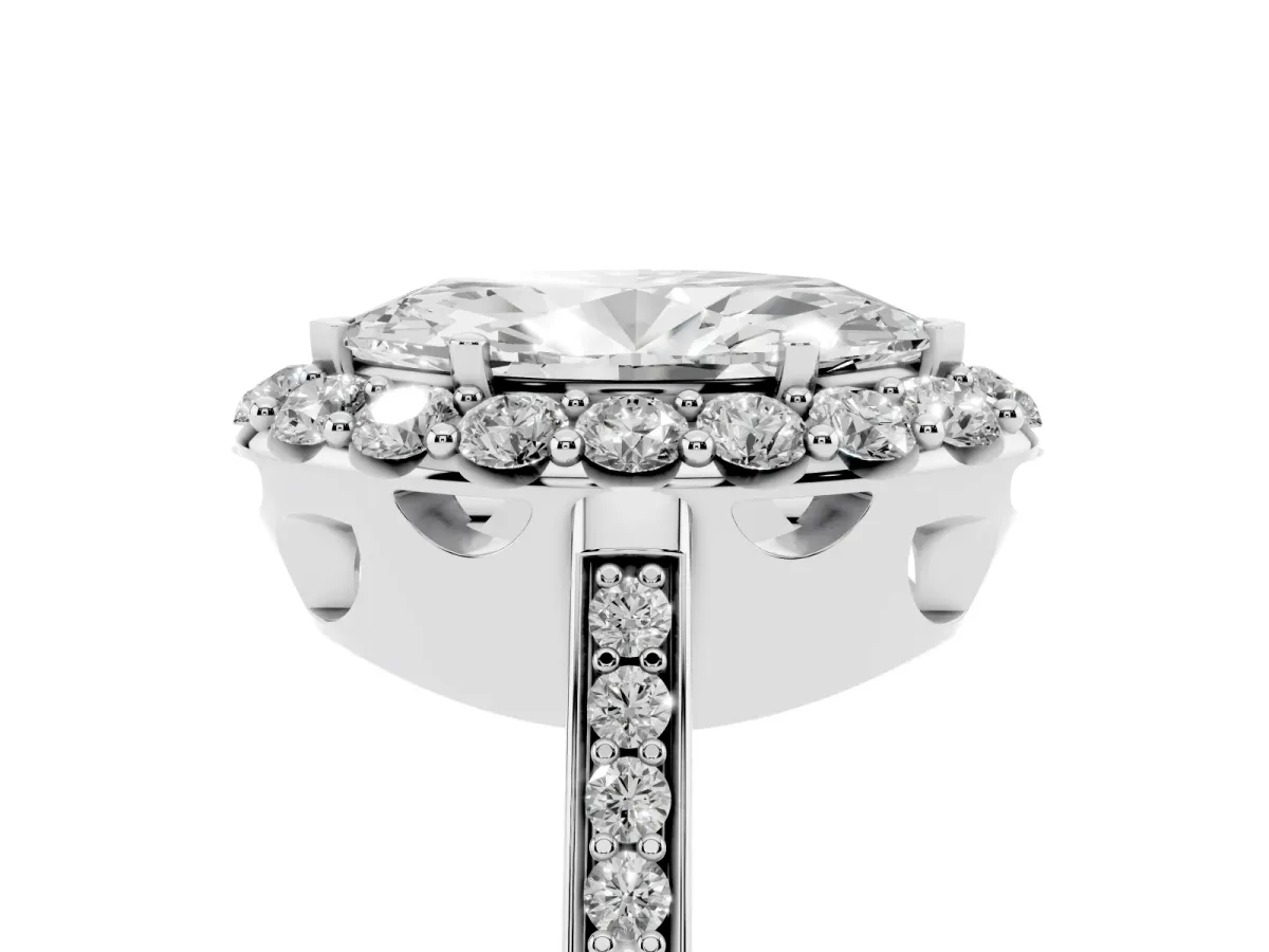 Marquise Cut Diamond Floral Halo Ring with Pavé Band and Prong Setting Platinum