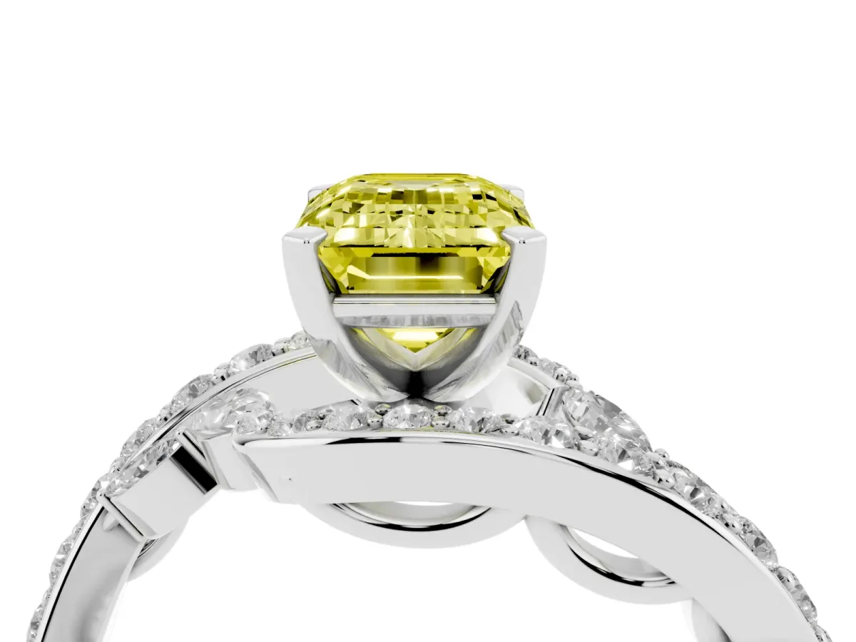 Fancy Yellow Emerald Cut Solitaire with Pavé Twist Band and Four-Prong Setting Silver