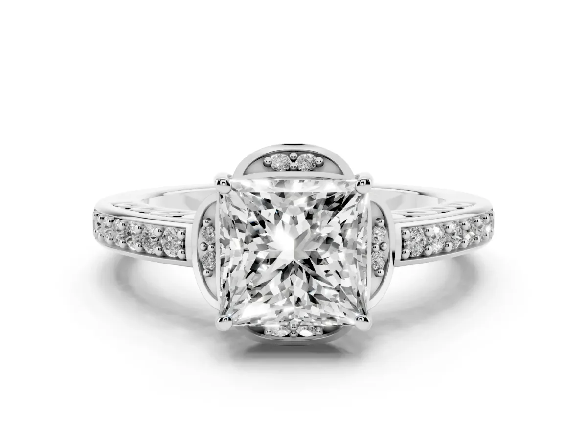 Princess Cut Cut Halo Diamond Ring with Channel Set Band and Four-Prong Setting Platinum