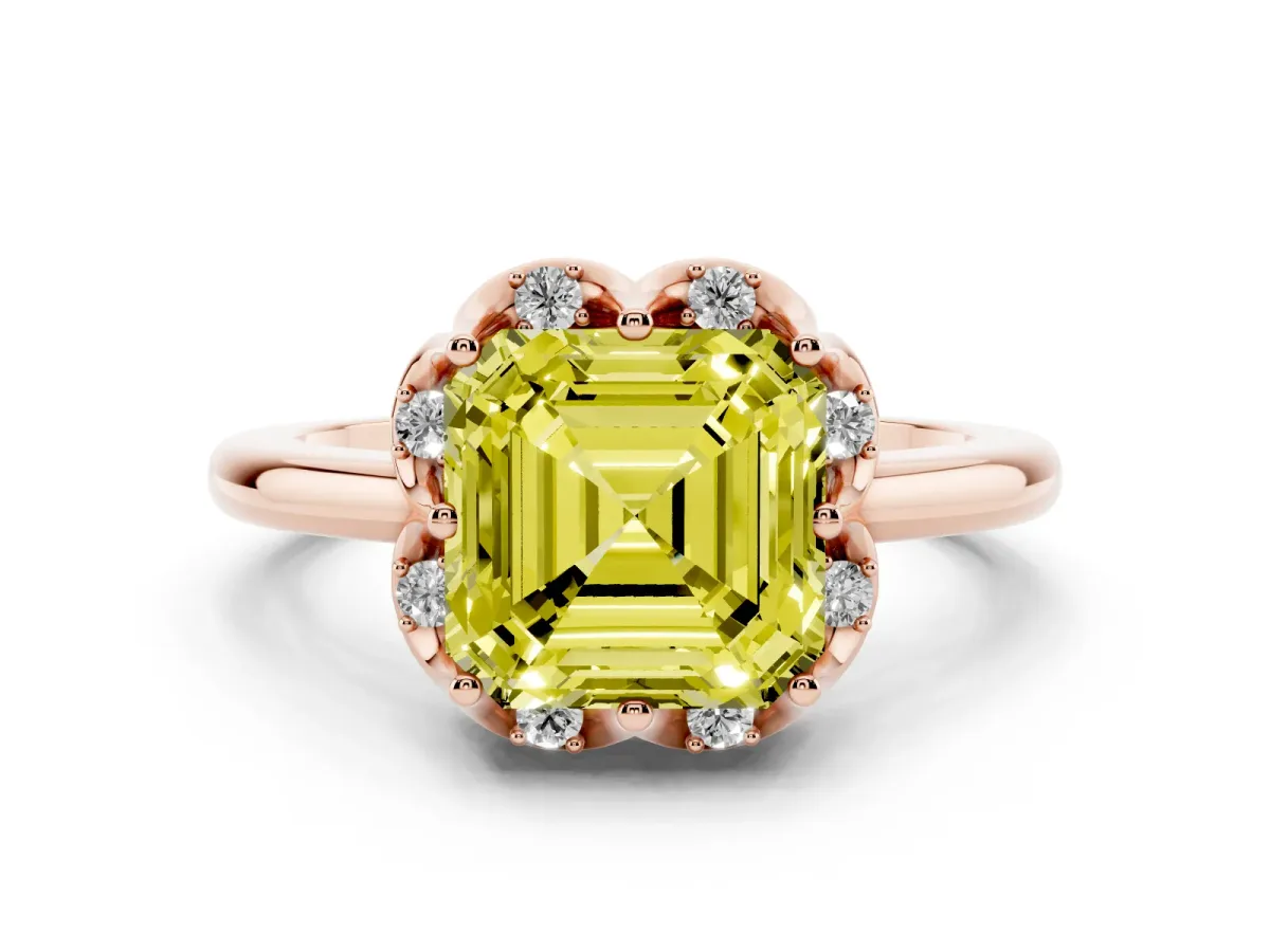 Fancy Yellow Asscher Cut Halo Diamond Ring with Round Cluster Setting, Solitaire Band, and Four-Prong Setting Rose gold