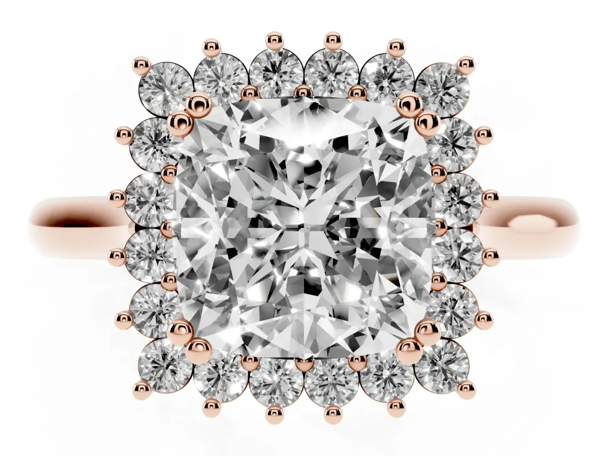 Cushion Cut Cut Diamond Halo Ring with Solitaire Band and Prong Setting Rose gold