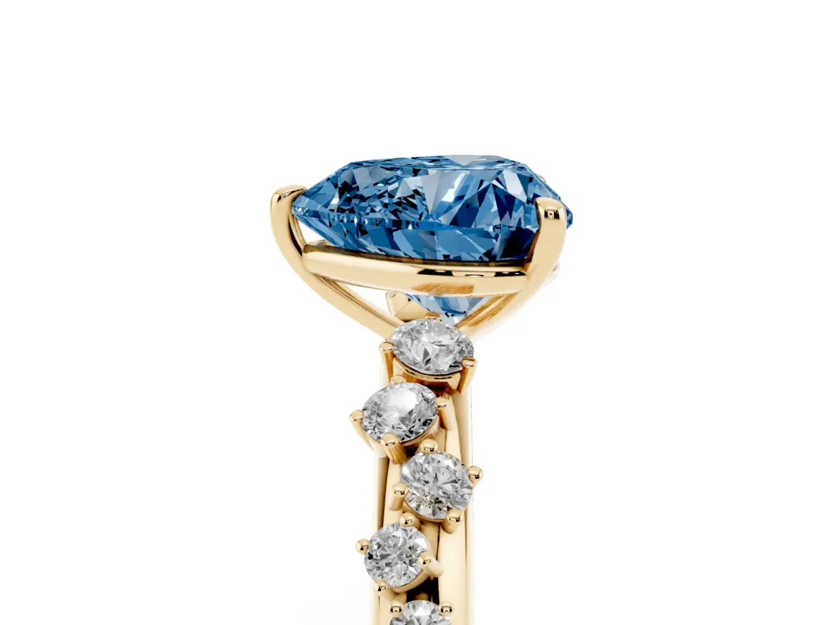 Fancy Blue Heart Cut Diamond Cluster Prong-Set Solitaire Ring Yellow gold