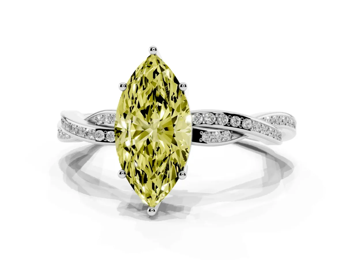 Fancy Yellow Marquise Cut Solitaire Twisted Pave Diamond Ring with Four-Prong Setting White gold