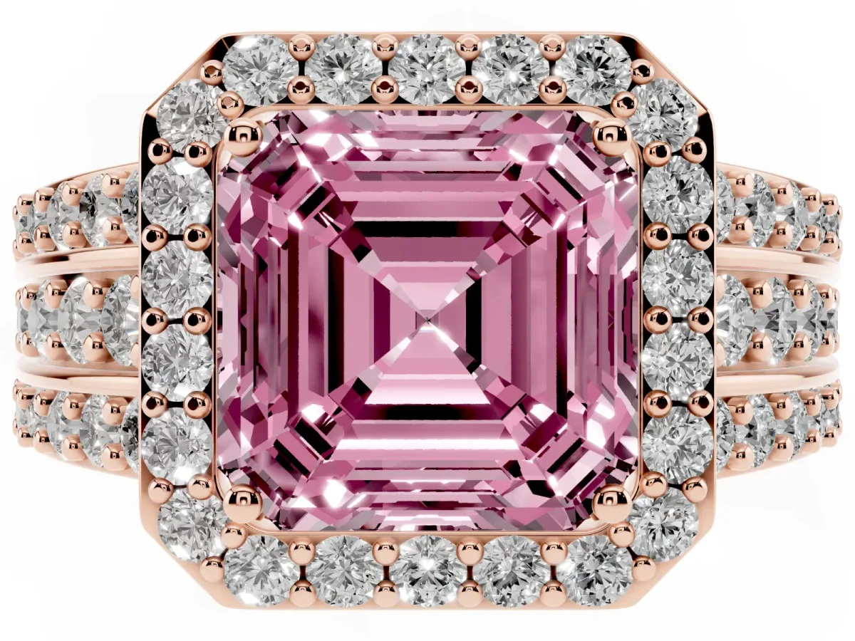 Fancy Pink Asscher Cut Halo Diamond Ring with Round Split Shank and Prong Setting Rose gold