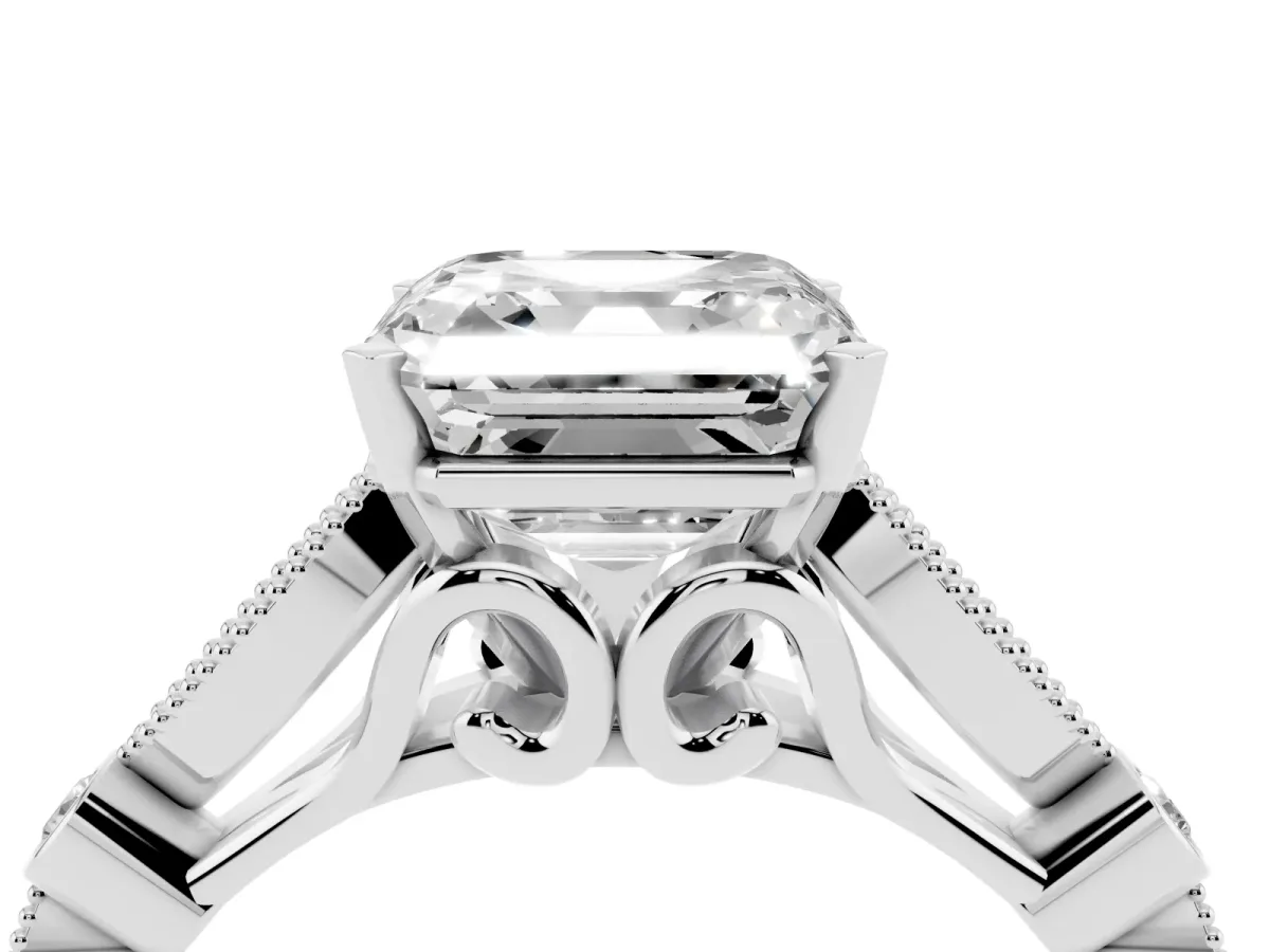 Asscher Cut Cut Diamond with Milgrain Marquise and Bezel Accents on a Solitaire Band with Prong Setting Platinum